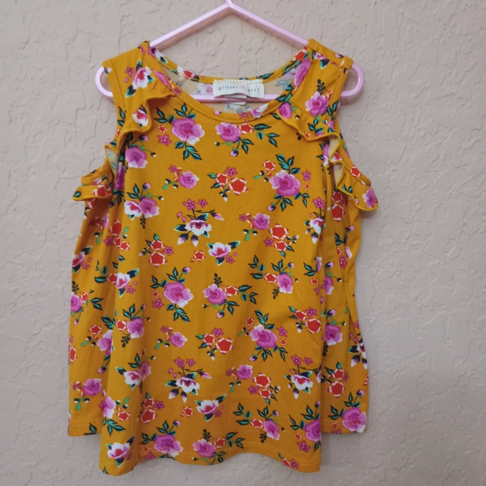 COPY - Glitter Girl Mustard floral cold shoulder long sleeve ruffle top size 6